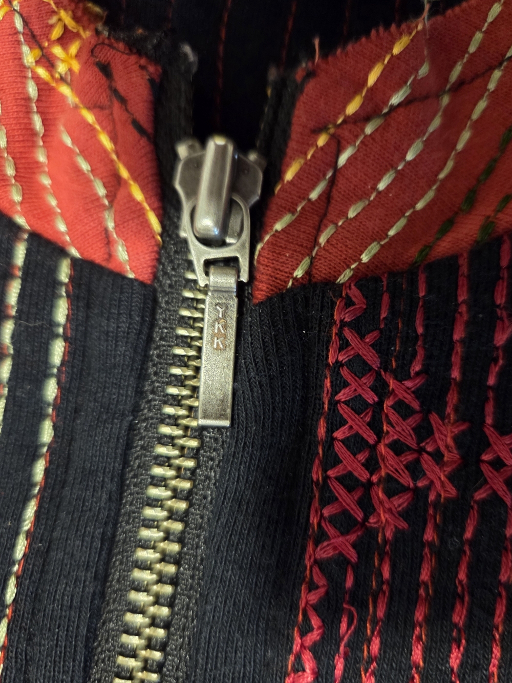 Chico's Red Patchwork Zipper Front Jacket with Gold Accents - Picture 4 of 6
